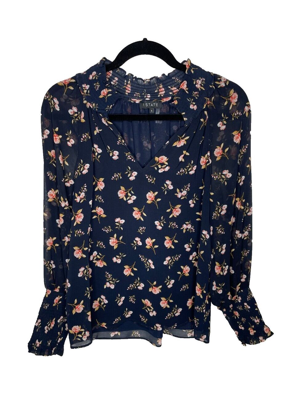 1 State Womens Blue Floral-print Split-neck Poet Sleeve Blouse Wimsy Size Small